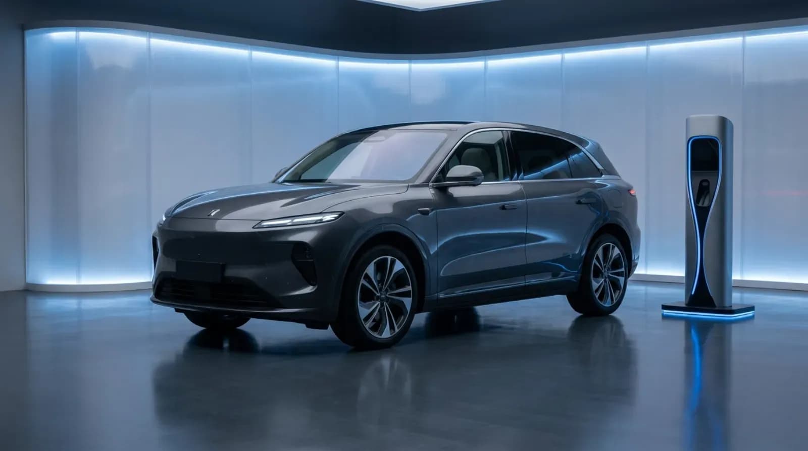 Electric SUV charging in a modern showroom